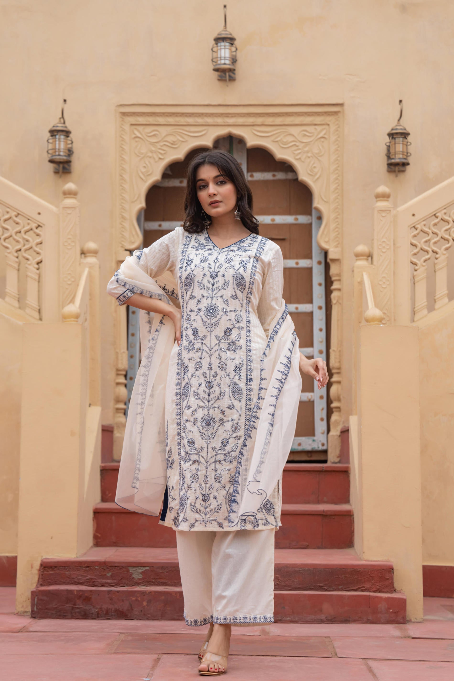 Juniper Off White & Indigo Blue Floral Embroidered Ethnic Suit Set with Dupatta - Distacart