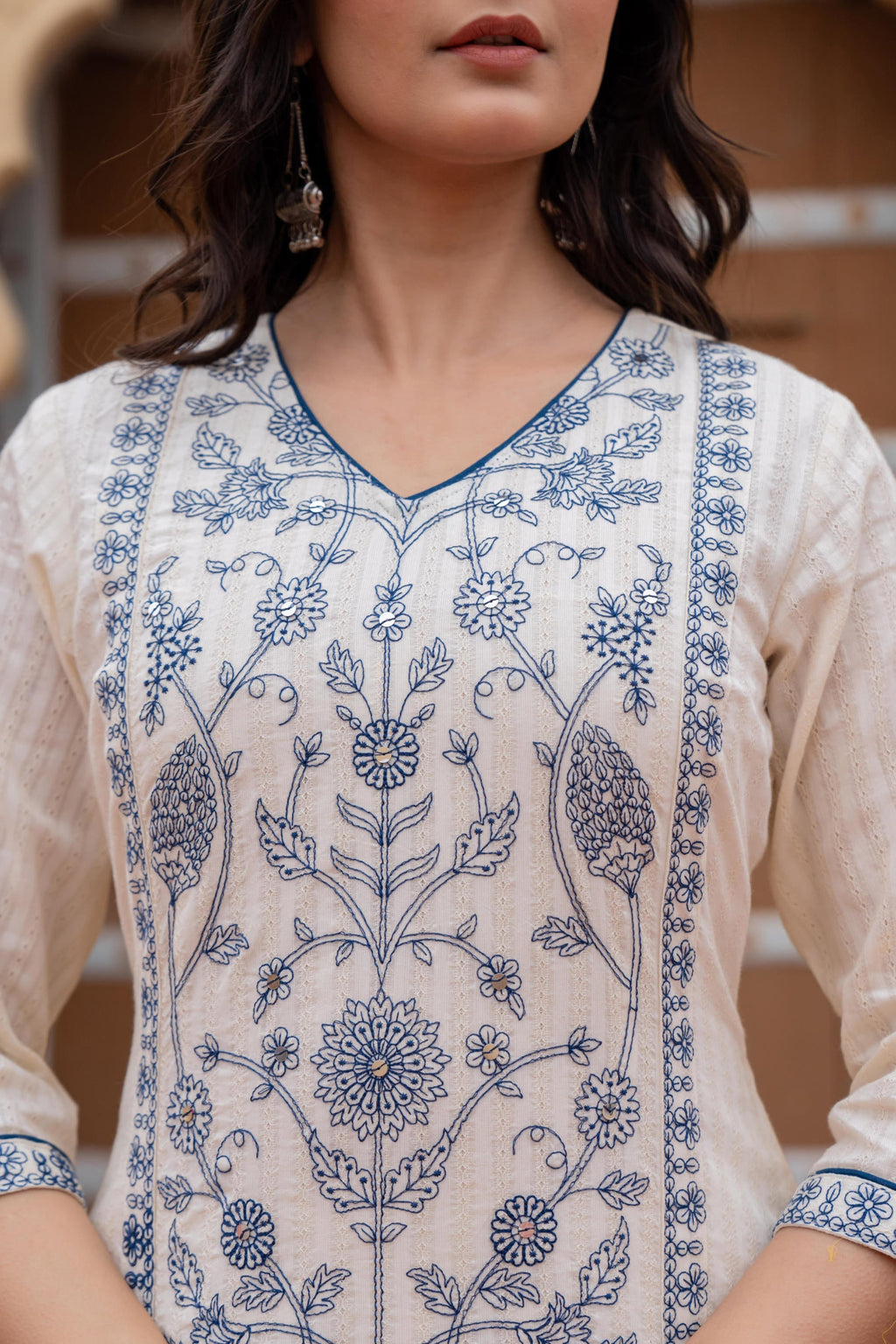 Juniper Off White & Indigo Blue Floral Embroidered Ethnic Suit Set with Dupatta - Distacart