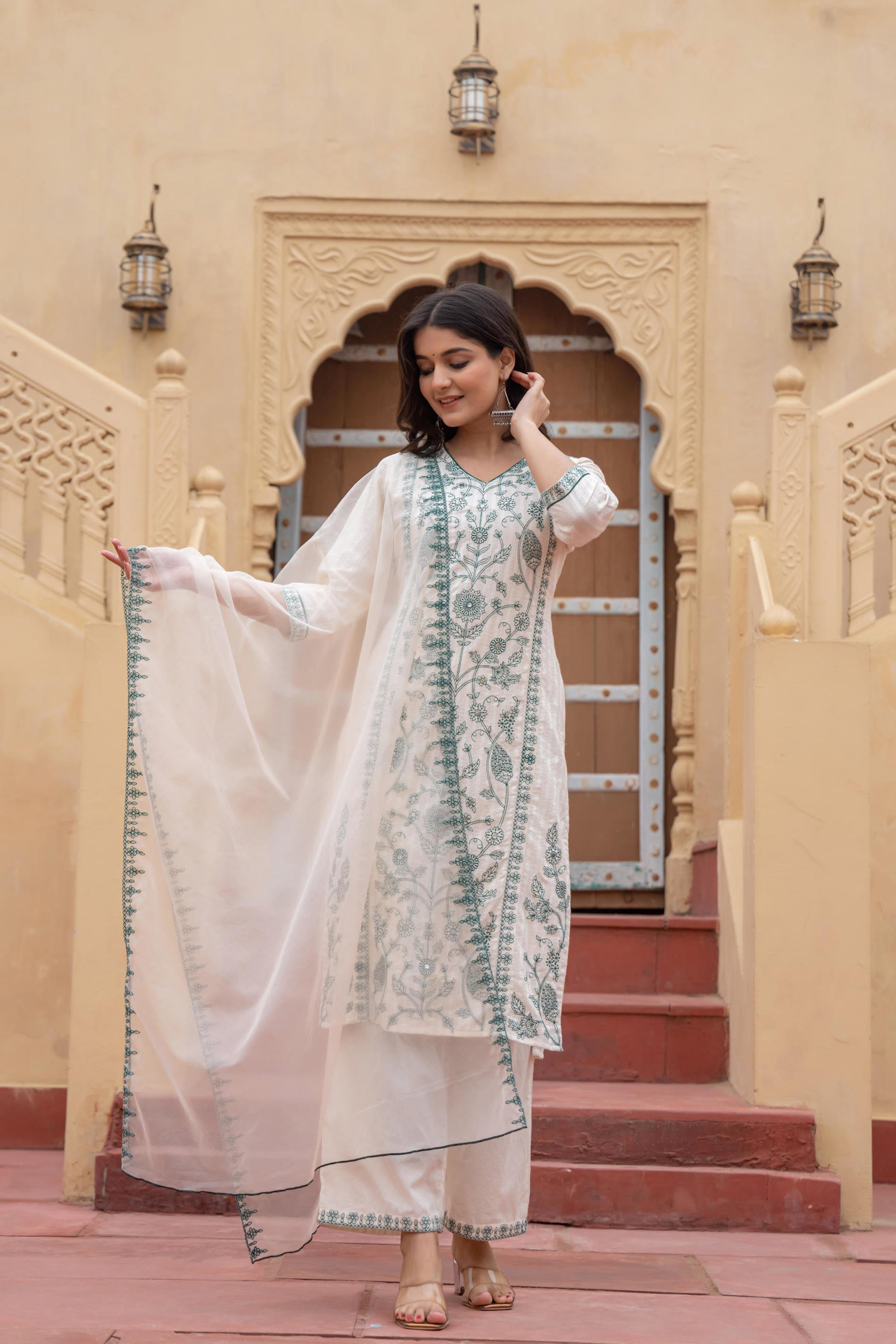 Juniper Off White & Green Floral Embroidered Ethnic Suit Set with Dupatta - Distacart