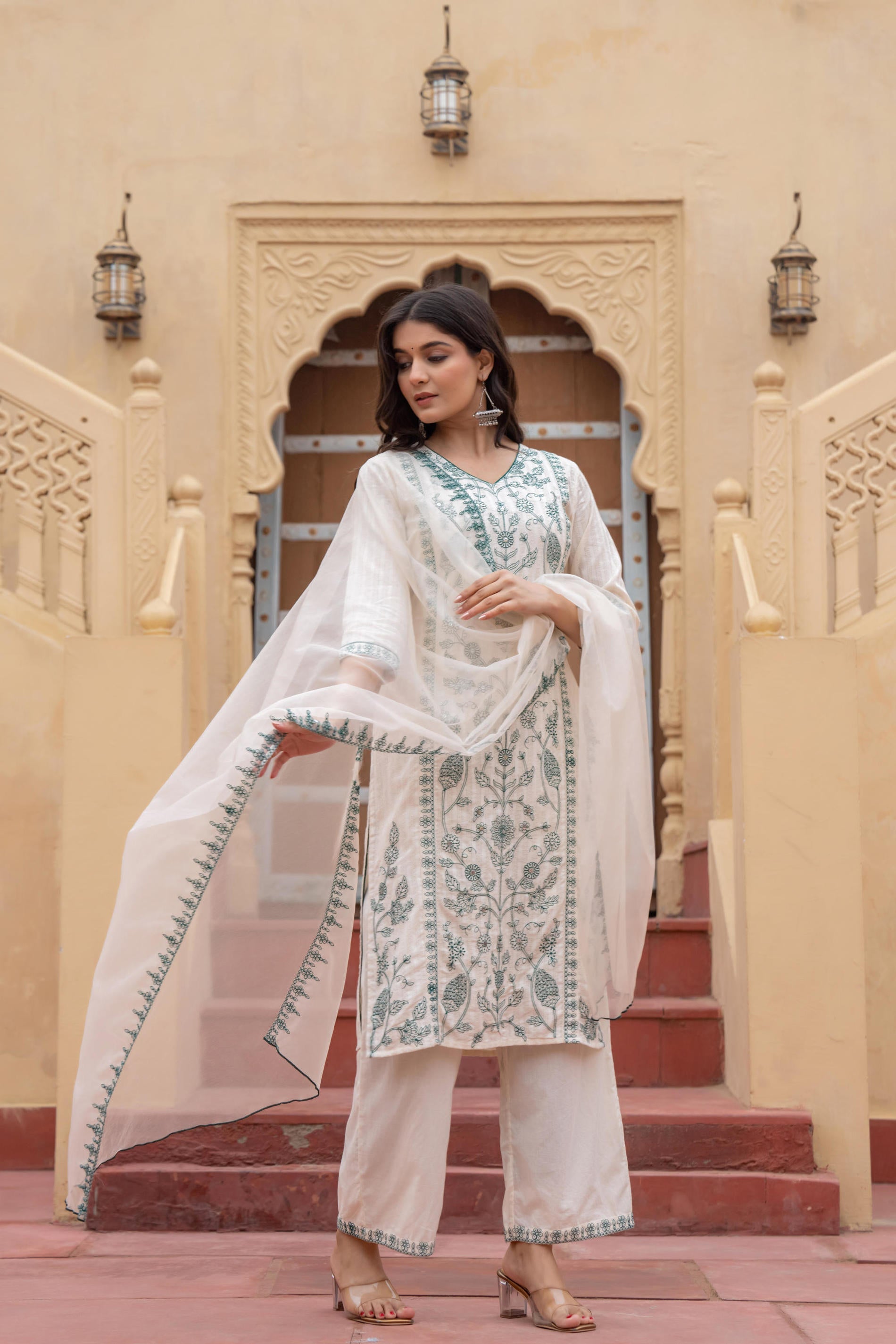 Juniper Off White & Green Floral Embroidered Ethnic Suit Set with Dupatta - Distacart