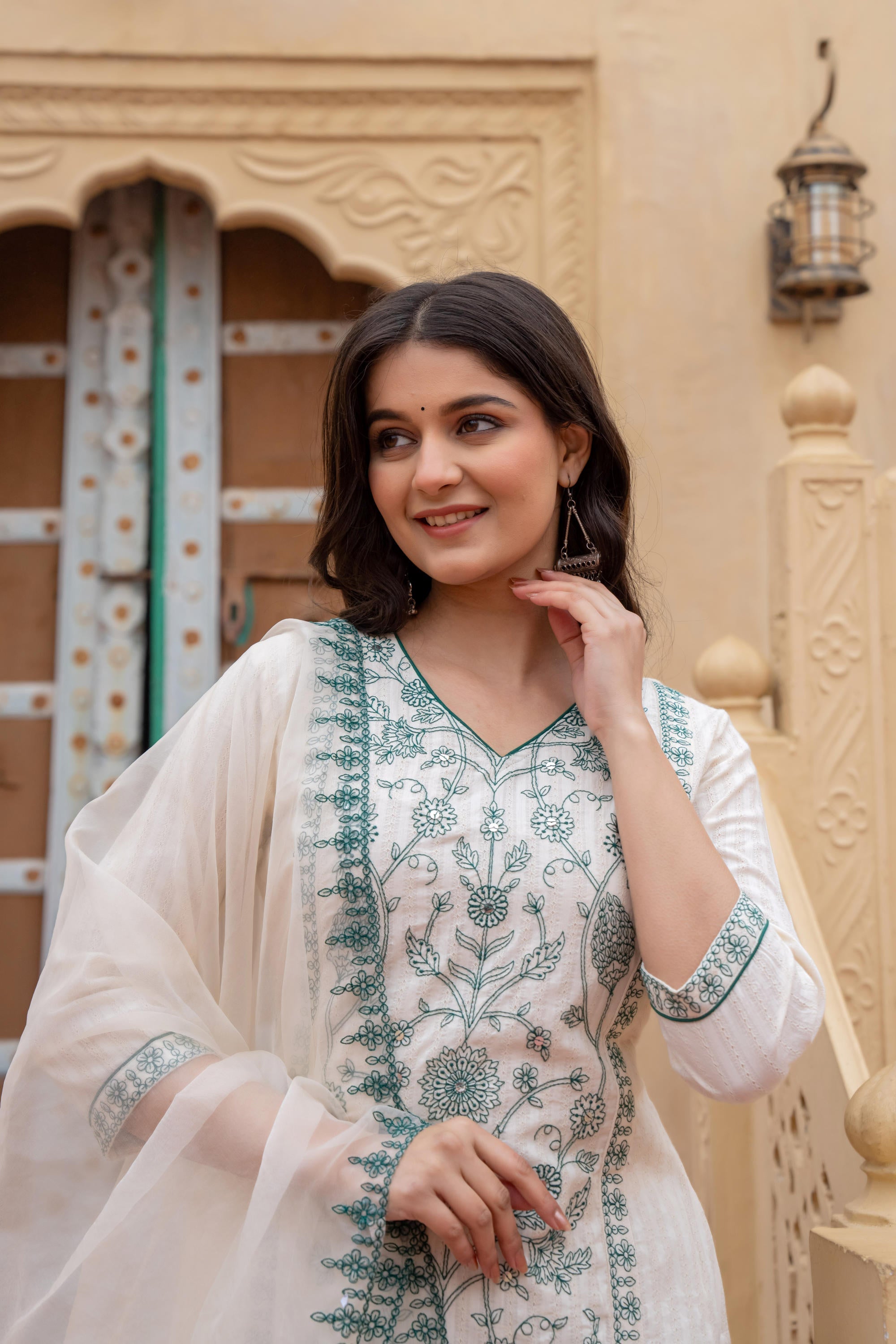 Juniper Off White & Green Floral Embroidered Ethnic Suit Set with Dupatta - Distacart