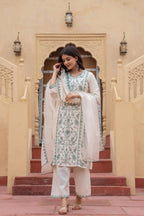 Juniper Off White & Green Floral Embroidered Ethnic Suit Set with Dupatta - Distacart