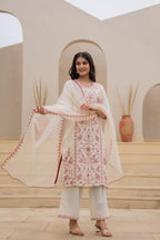 Juniper Off White & Red Floral Embroidered Ethnic Suit Set with Dupatta - Distacart