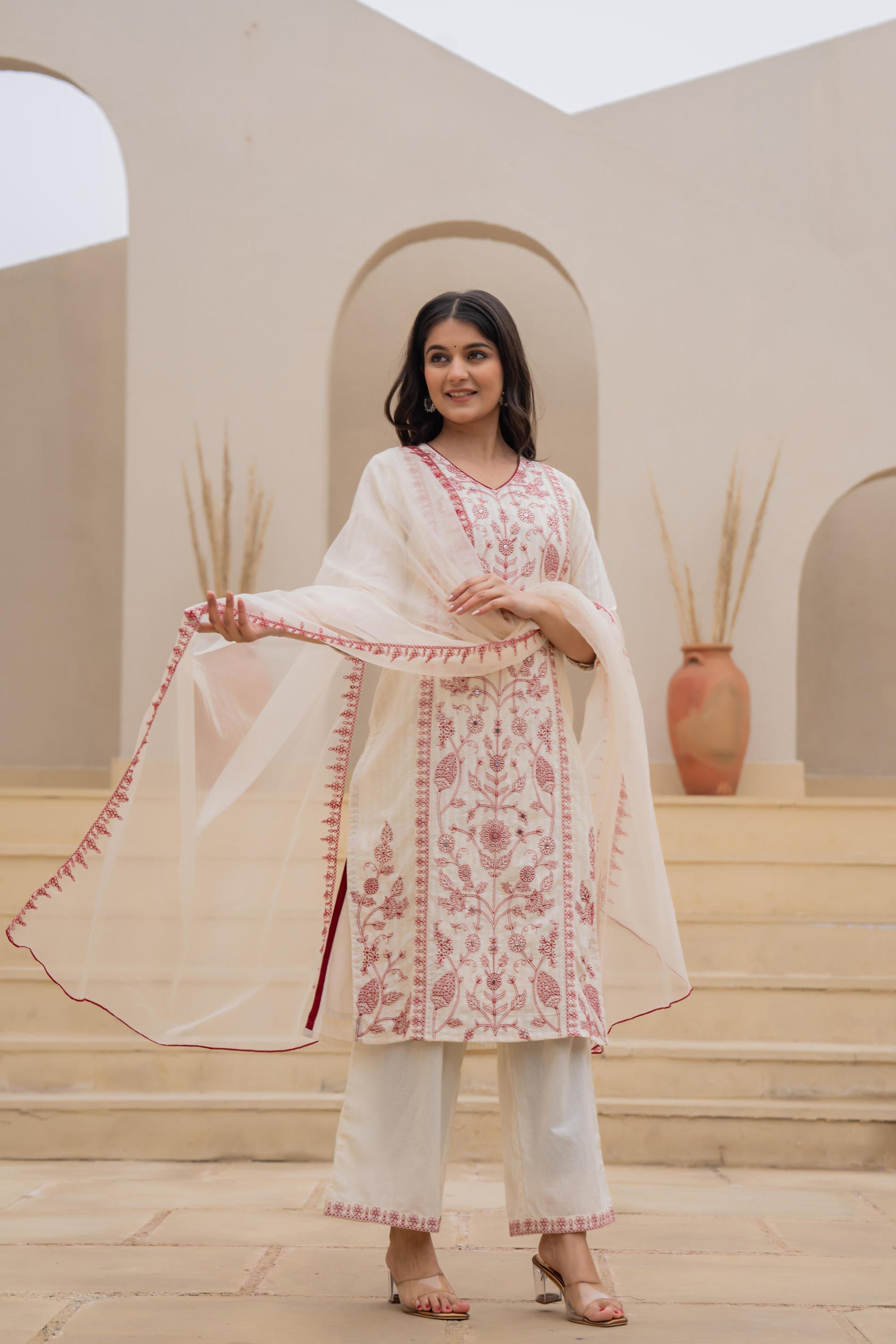Juniper Off White & Red Floral Embroidered Ethnic Suit Set with Dupatta - Distacart