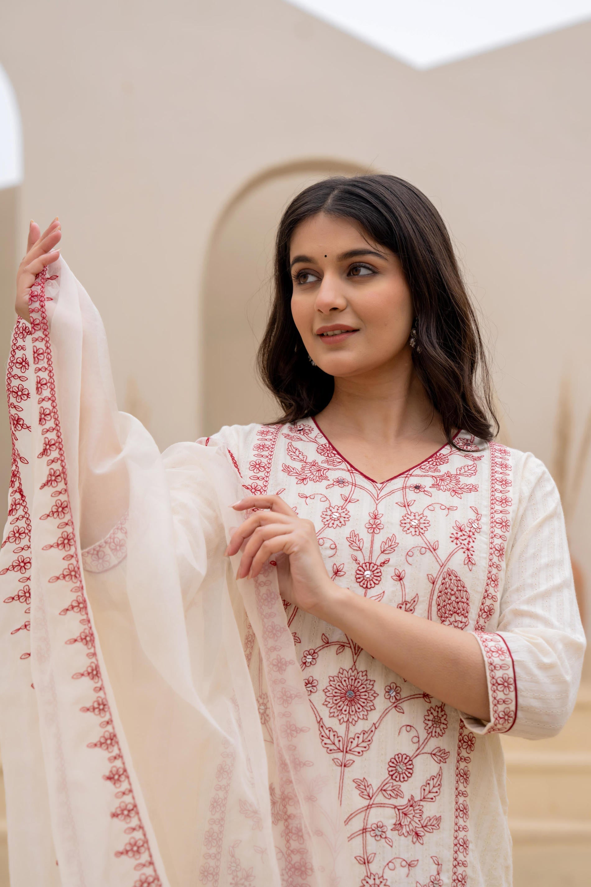 Juniper Off White & Red Floral Embroidered Ethnic Suit Set with Dupatta - Distacart