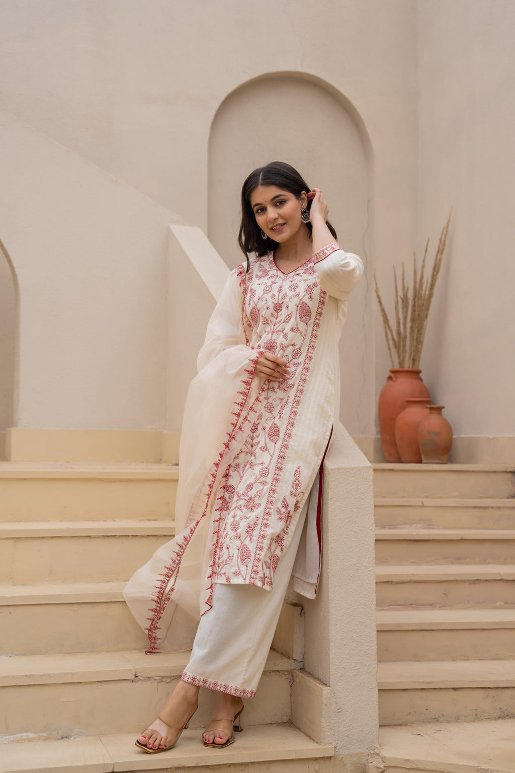 Juniper Off White & Red Floral Embroidered Ethnic Suit Set with Dupatta - Distacart