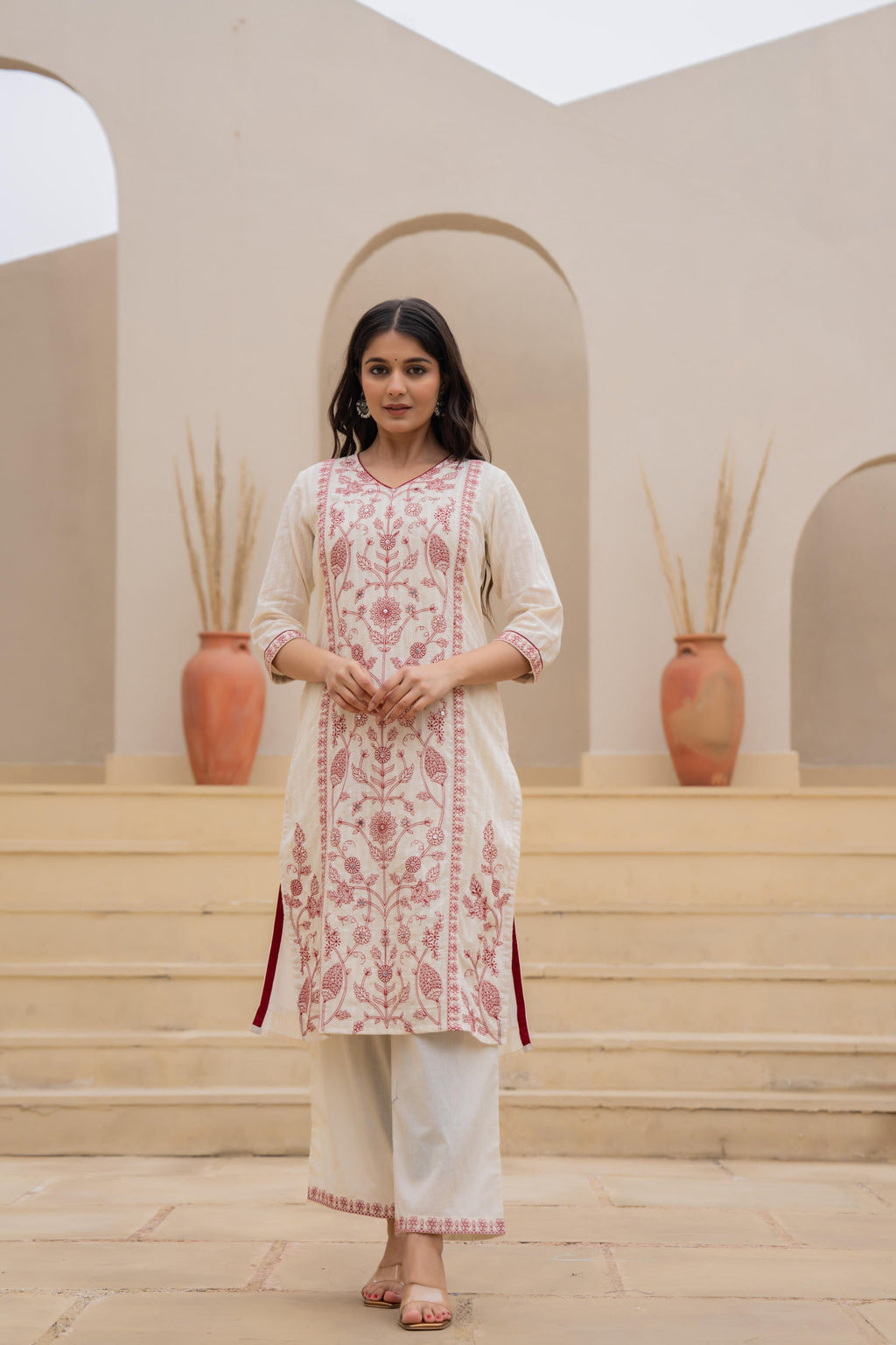 Juniper Off White & Red Floral Embroidered Ethnic Suit Set with Dupatta - Distacart