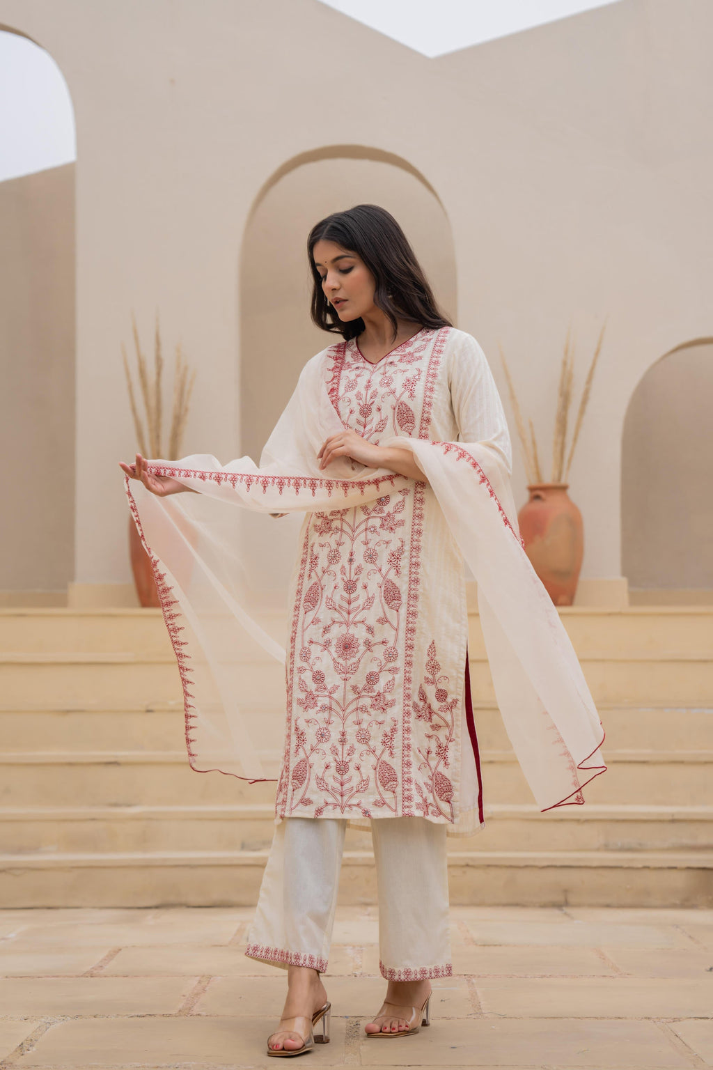 Juniper Off White & Red Floral Embroidered Ethnic Suit Set with Dupatta - Distacart