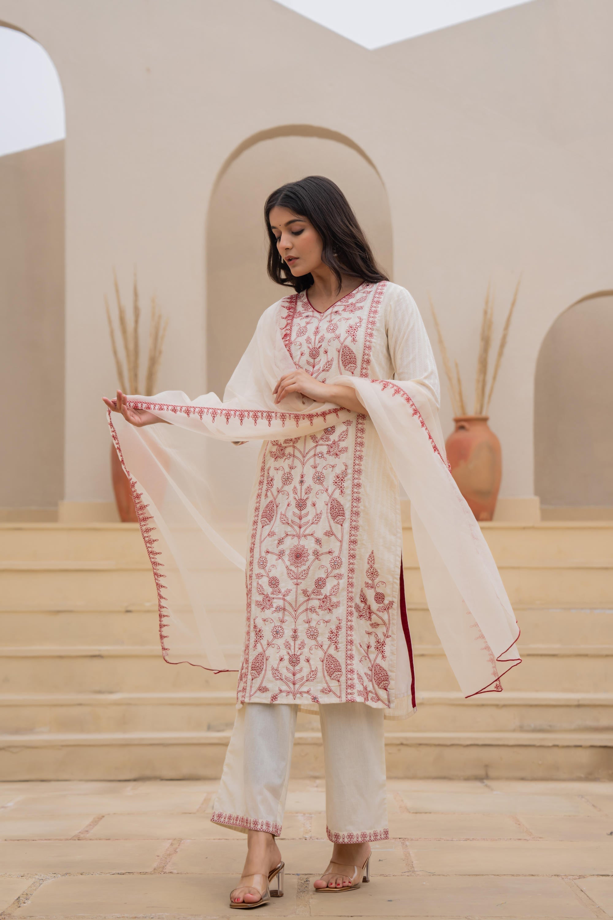 Juniper Off White & Red Floral Embroidered Ethnic Suit Set with Dupatta - Distacart