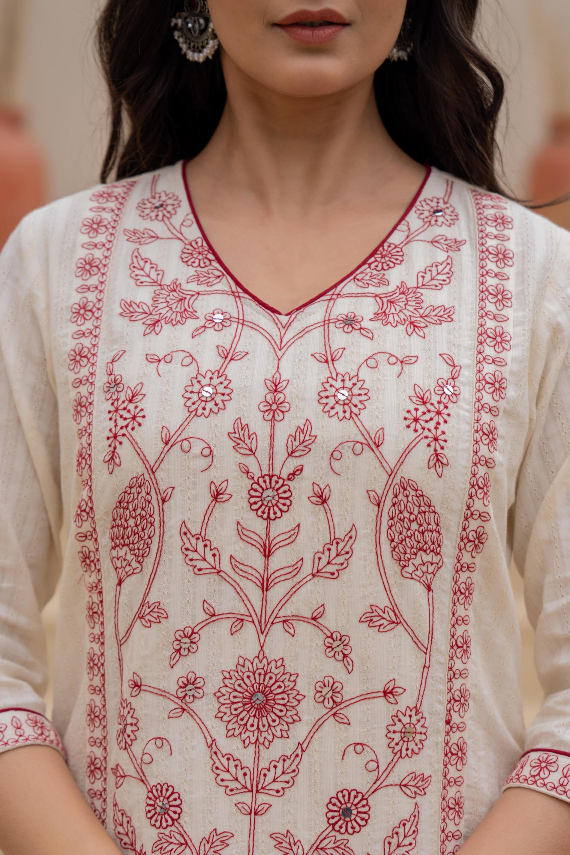 Juniper Off White & Red Floral Embroidered Ethnic Suit Set with Dupatta - Distacart