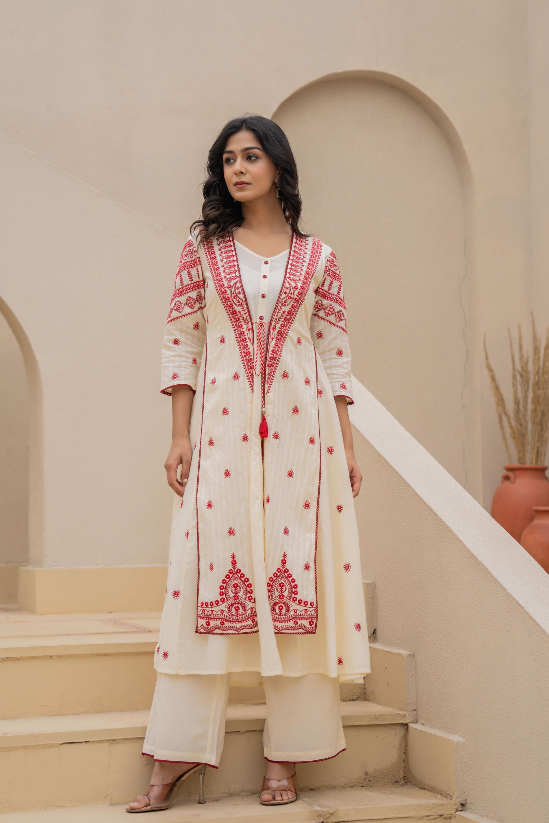 Juniper Off White & Red Solid Cotton Kurta Pant & Shrug With Thread Work - Distacart