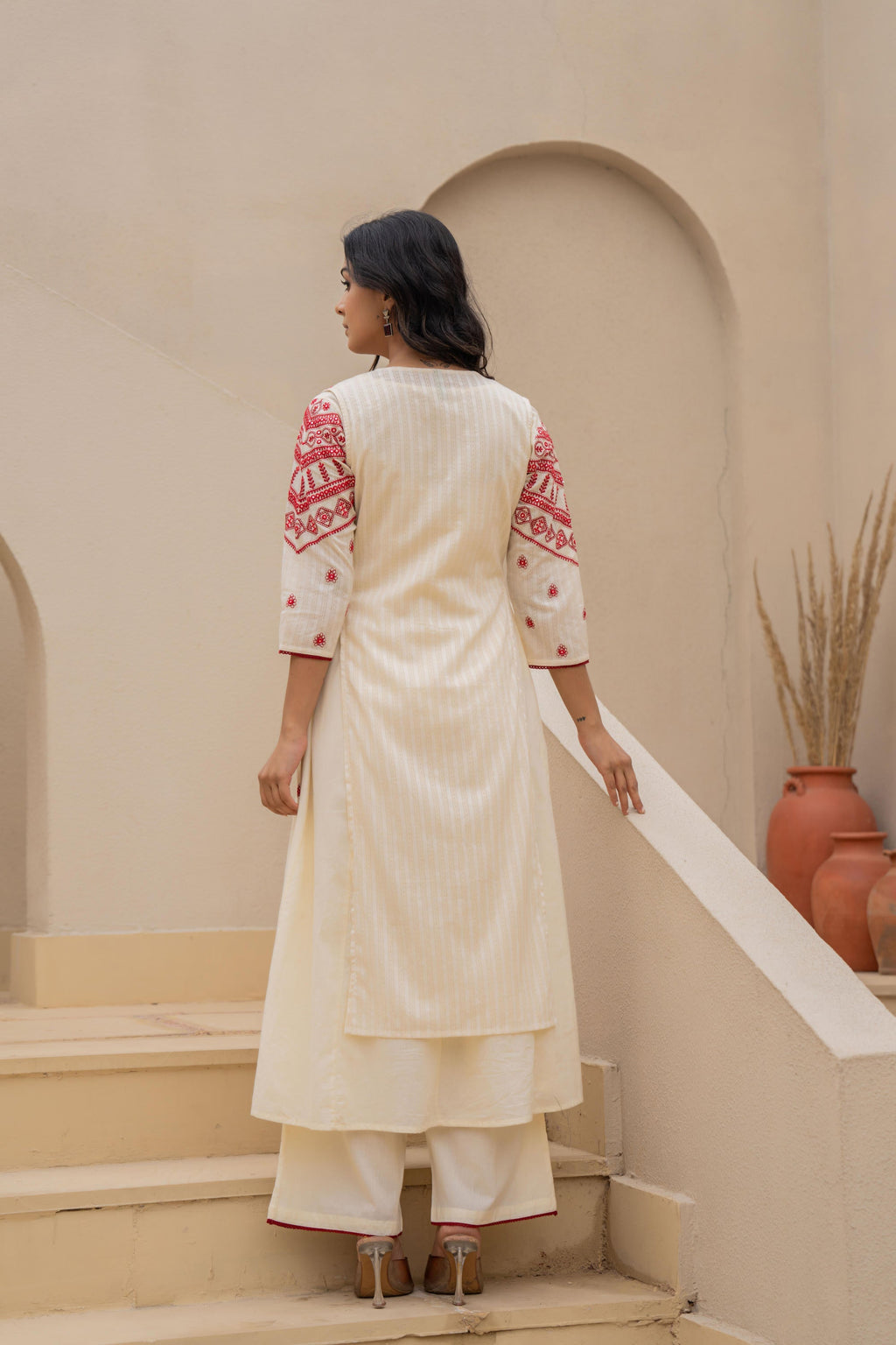 Juniper Off White & Red Solid Cotton Kurta Pant & Shrug With Thread Work - Distacart