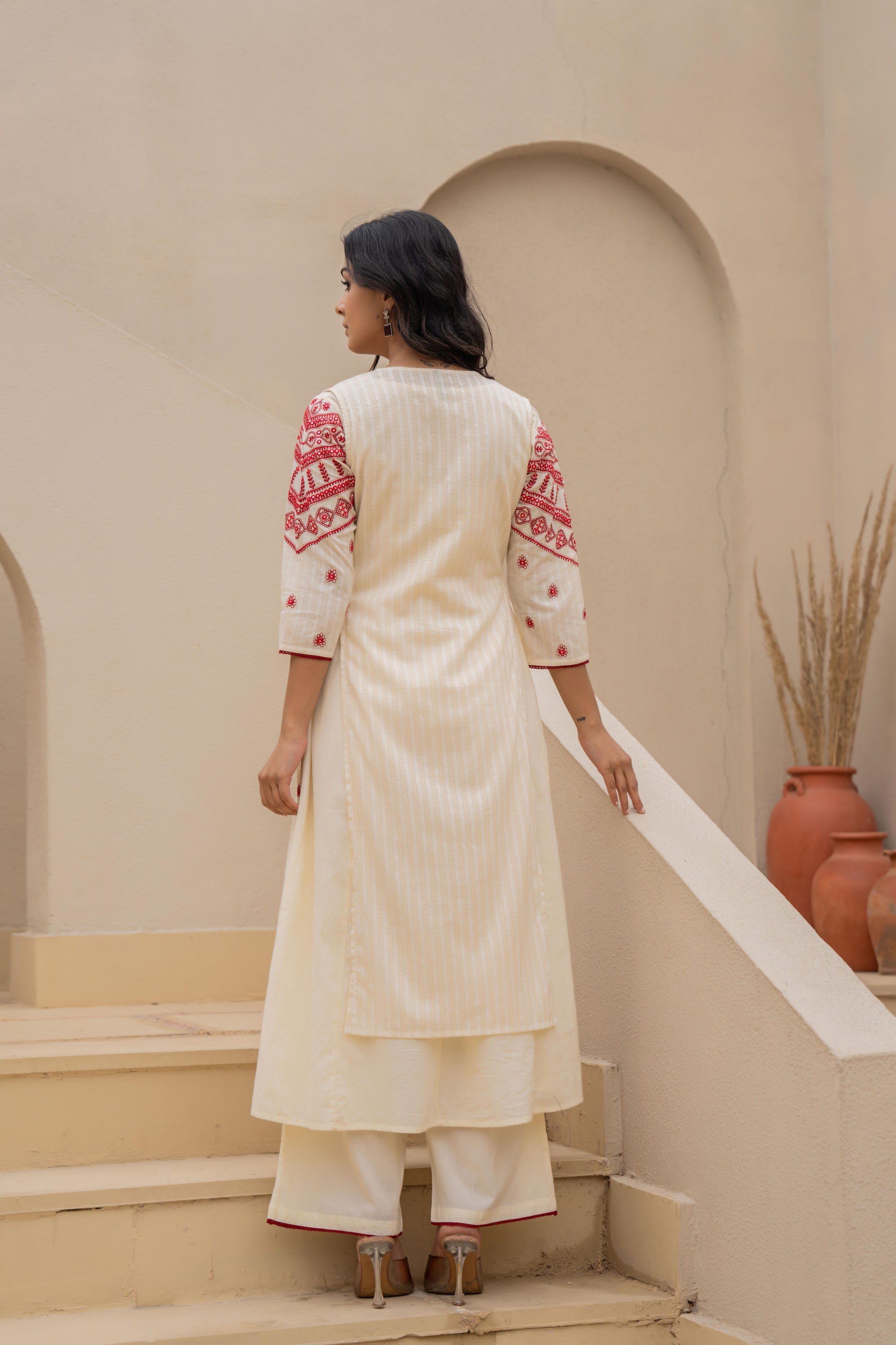 Juniper Off White & Red Solid Cotton Kurta Pant & Shrug With Thread Work - Distacart