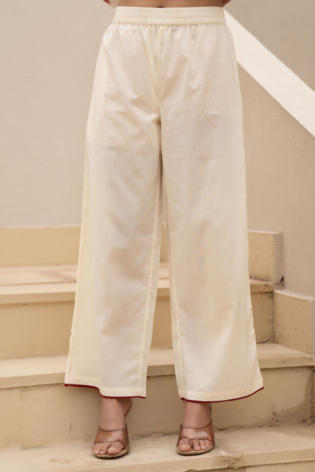 Juniper Off White & Red Solid Cotton Kurta Pant & Shrug With Thread Work - Distacart