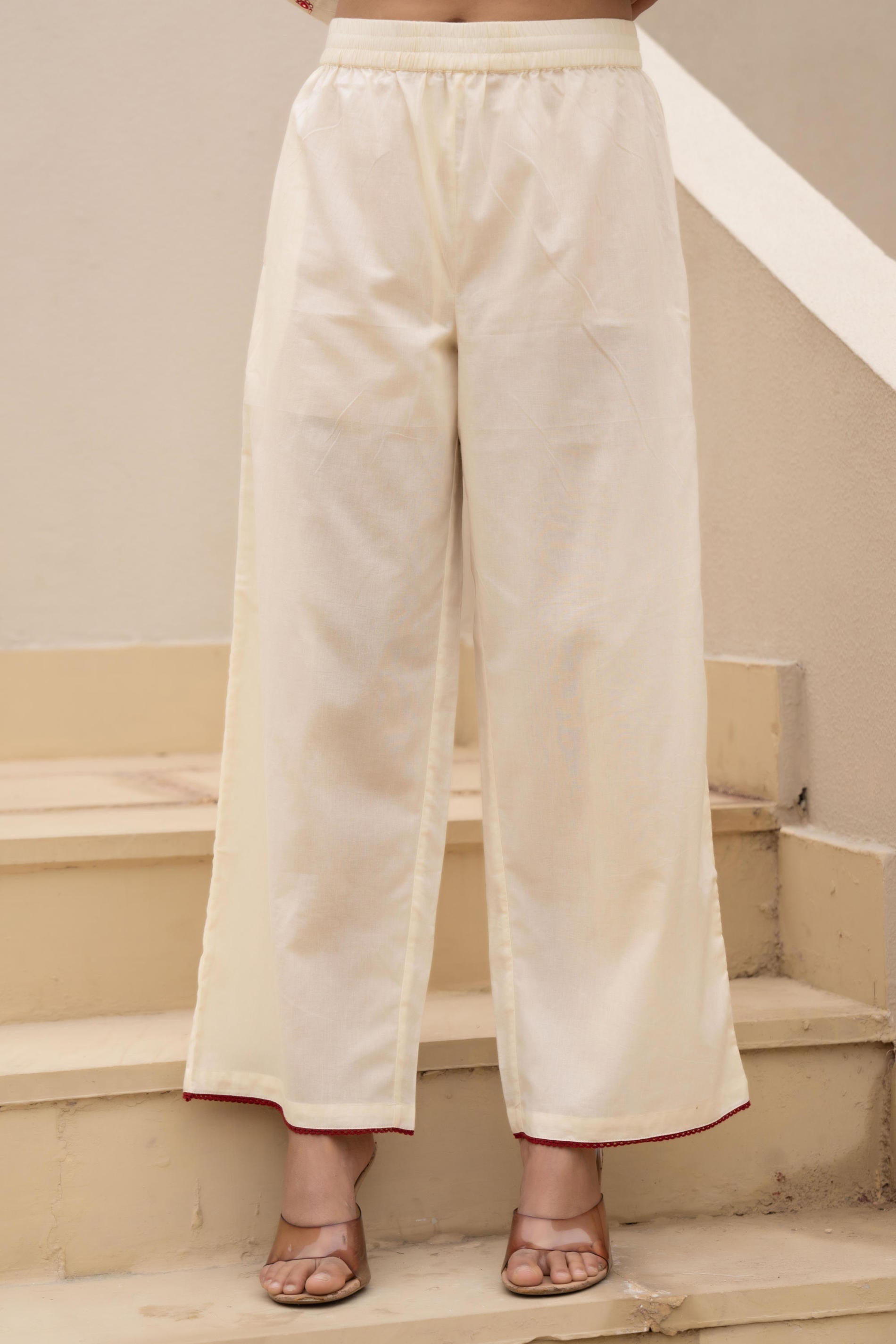 Juniper Off White & Red Solid Cotton Kurta Pant & Shrug With Thread Work - Distacart
