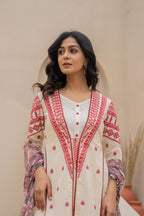 Juniper Off White & Red Solid Cotton Kurta Pant & Shrug With Thread Work - Distacart