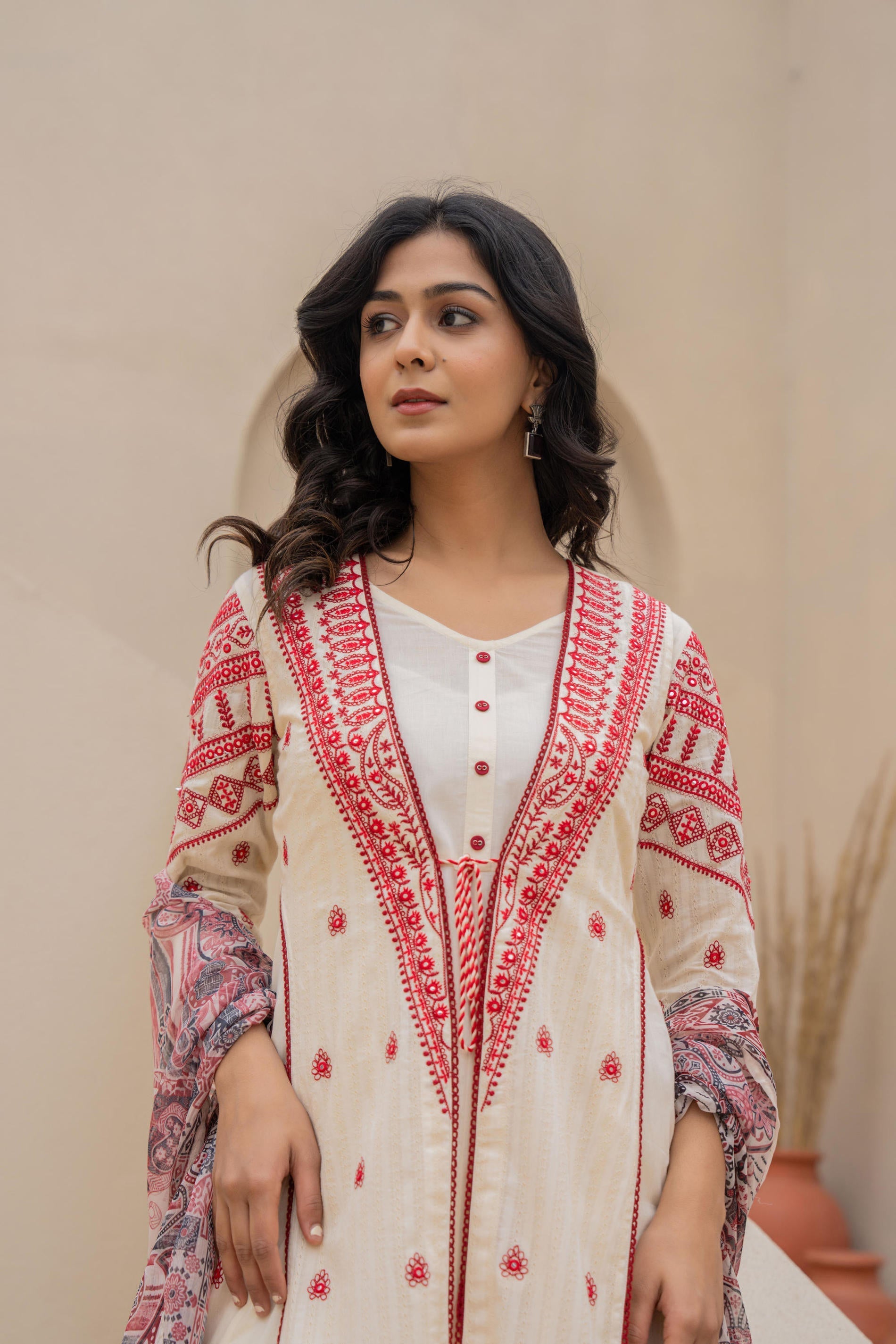 Juniper Off White & Red Solid Cotton Kurta Pant & Shrug With Thread Work - Distacart