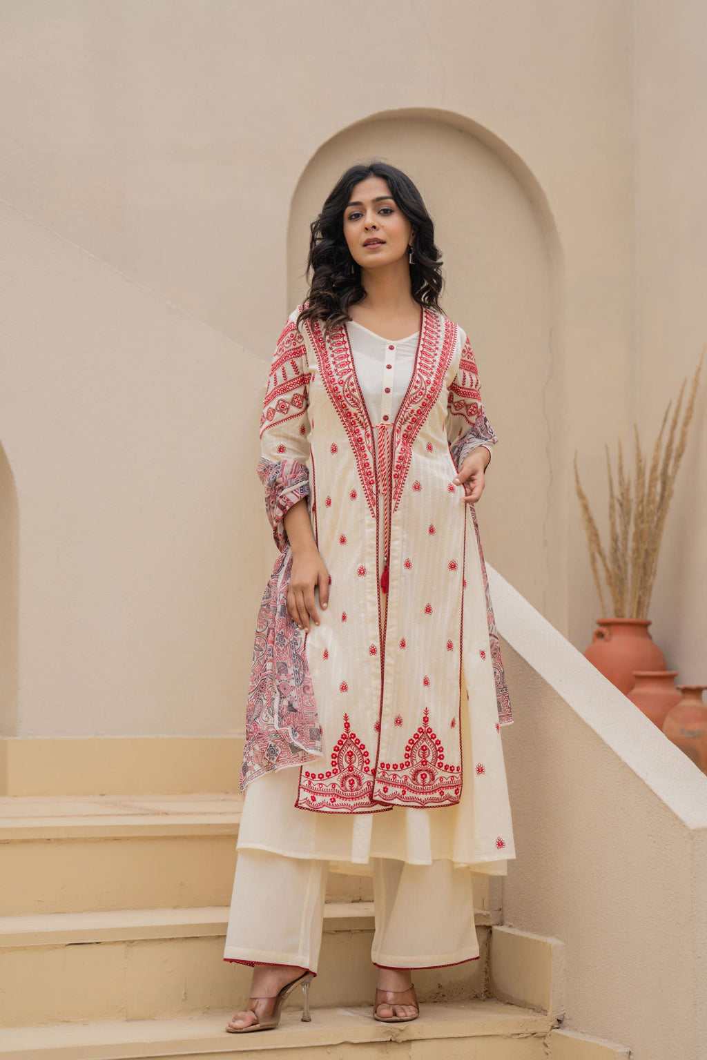 Juniper Off White & Red Solid Cotton Kurta Pant & Shrug With Thread Work - Distacart