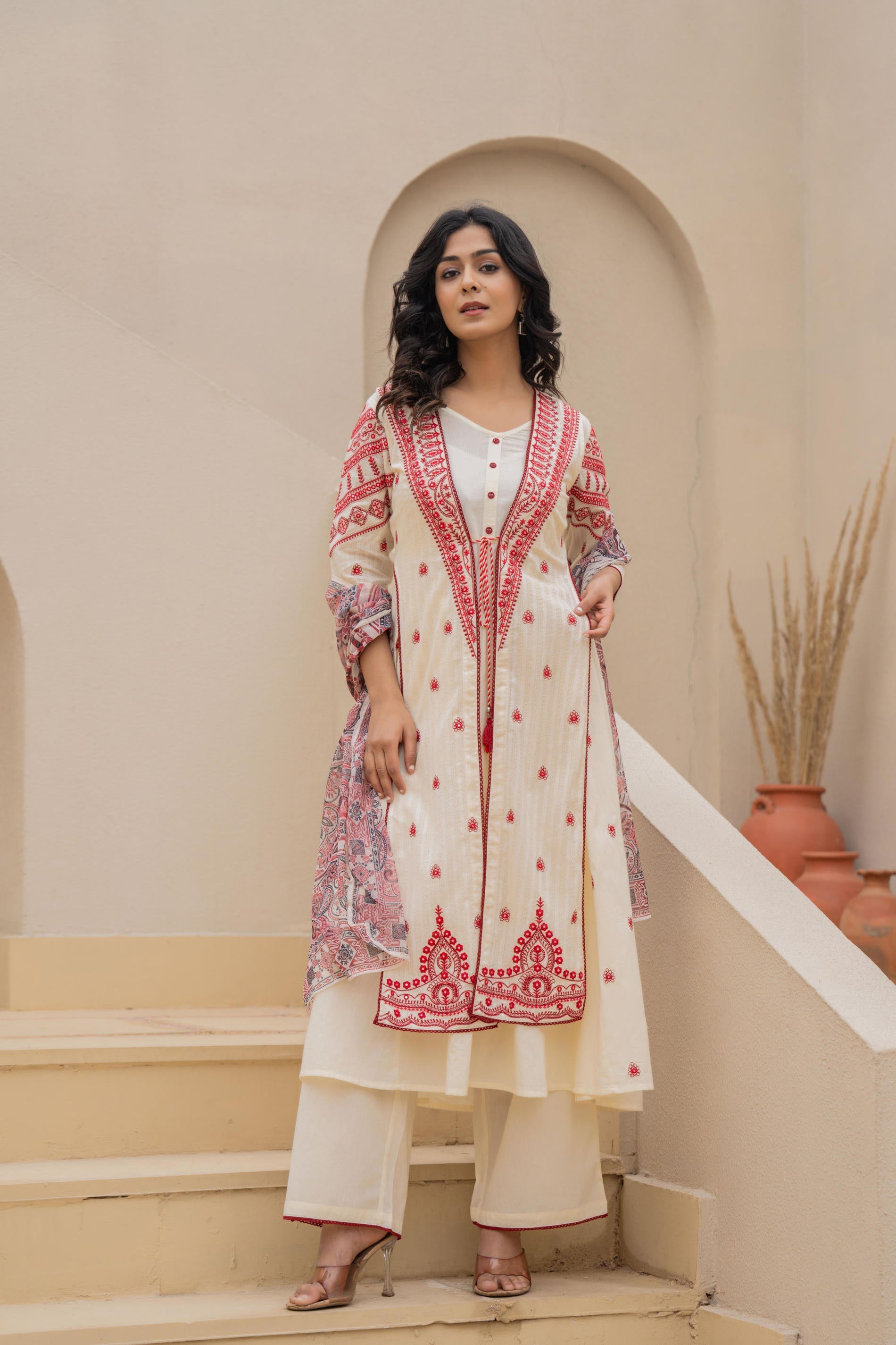 Juniper Off White & Red Solid Cotton Kurta Pant & Shrug With Thread Work - Distacart