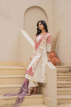 Juniper Off White & Red Solid Cotton Kurta Pant & Shrug With Thread Work - Distacart