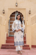 Juniper Off White & Navy Blue Embroidered Straight Kurta Set with Contrast Detailing - Distacart