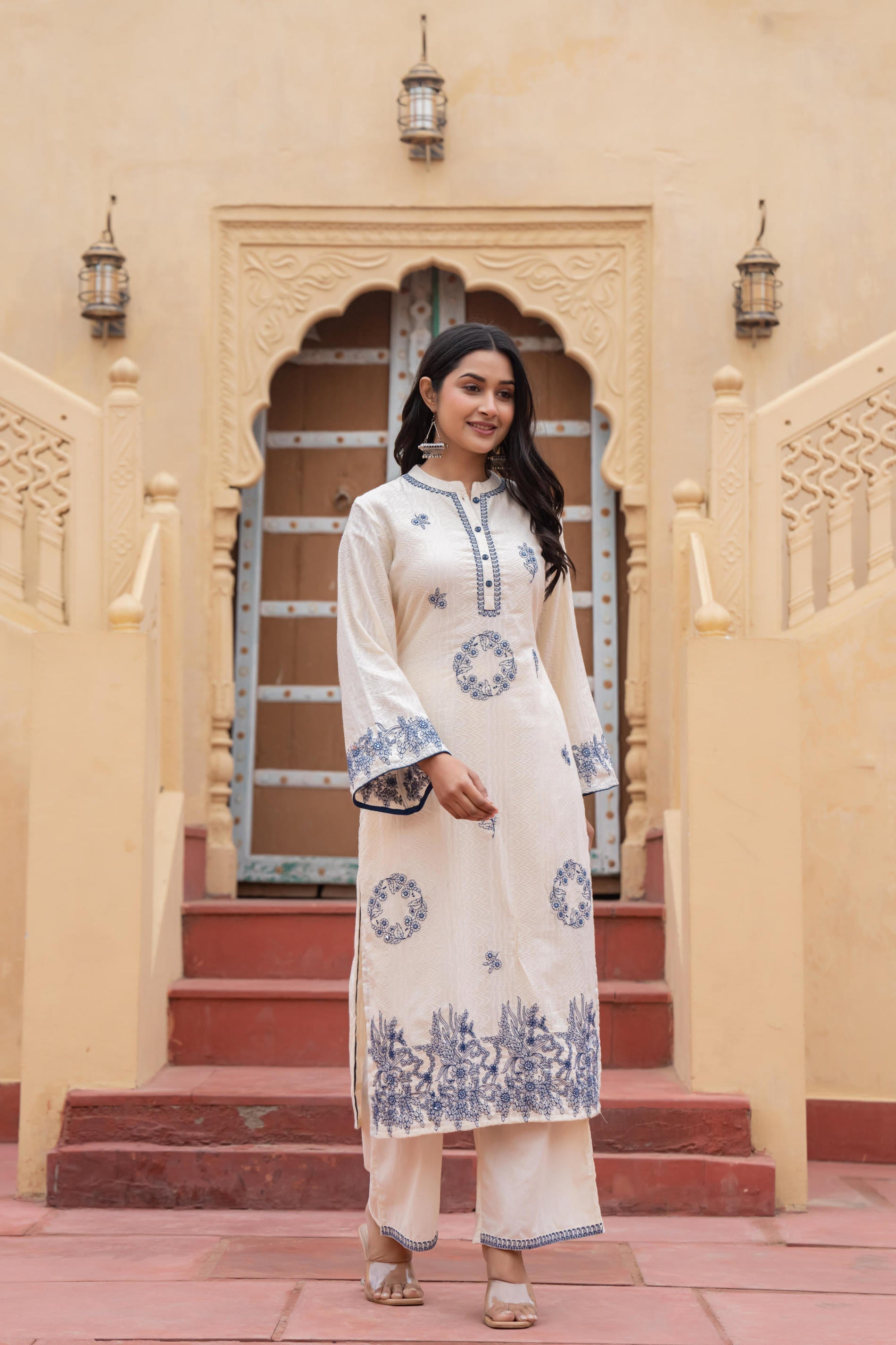 Juniper Off White & Navy Blue Embroidered Straight Kurta Set with Contrast Detailing - Distacart