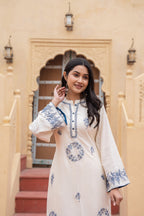 Juniper Off White & Navy Blue Embroidered Straight Kurta Set with Contrast Detailing - Distacart