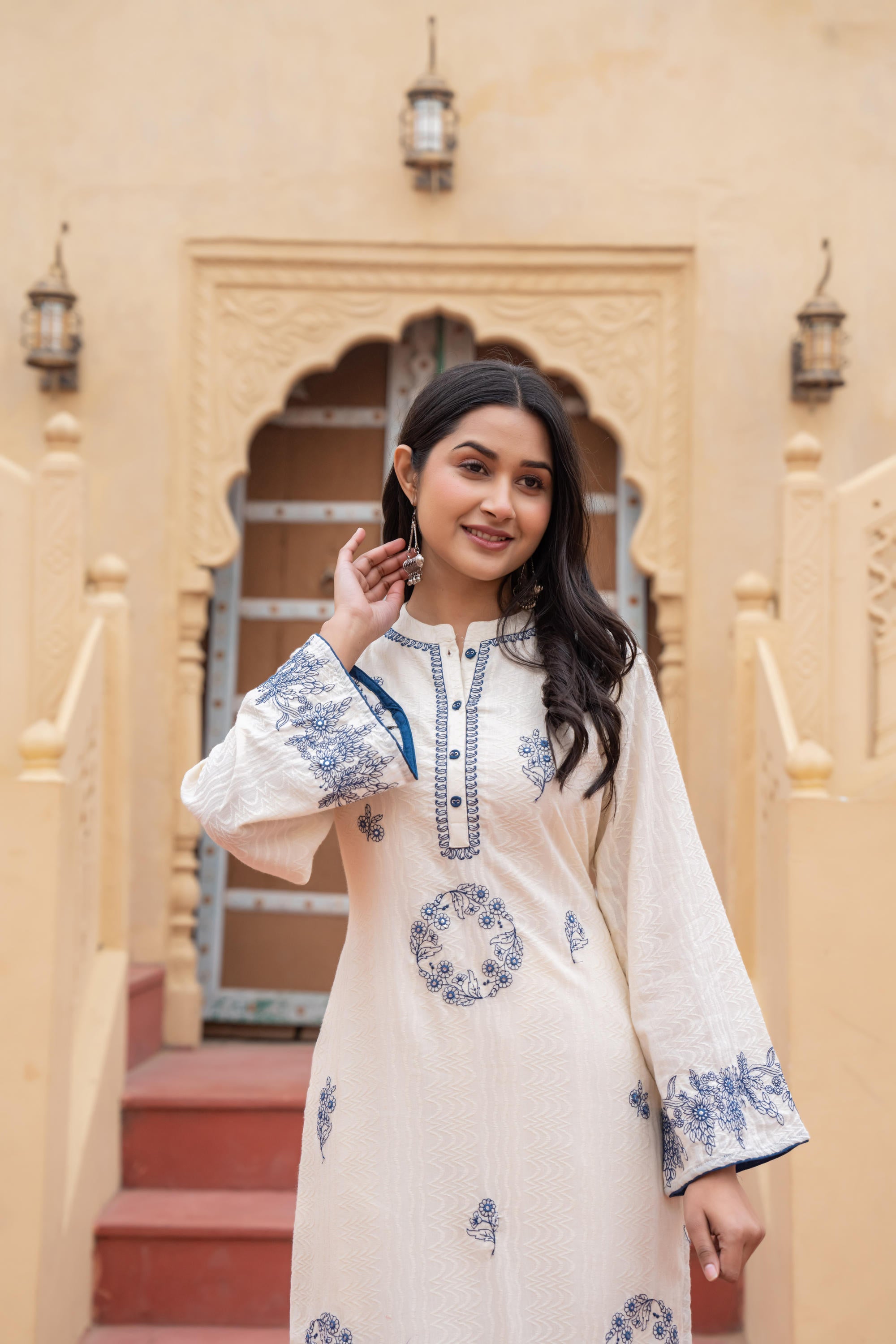 Juniper Off White & Navy Blue Embroidered Straight Kurta Set with Contrast Detailing - Distacart