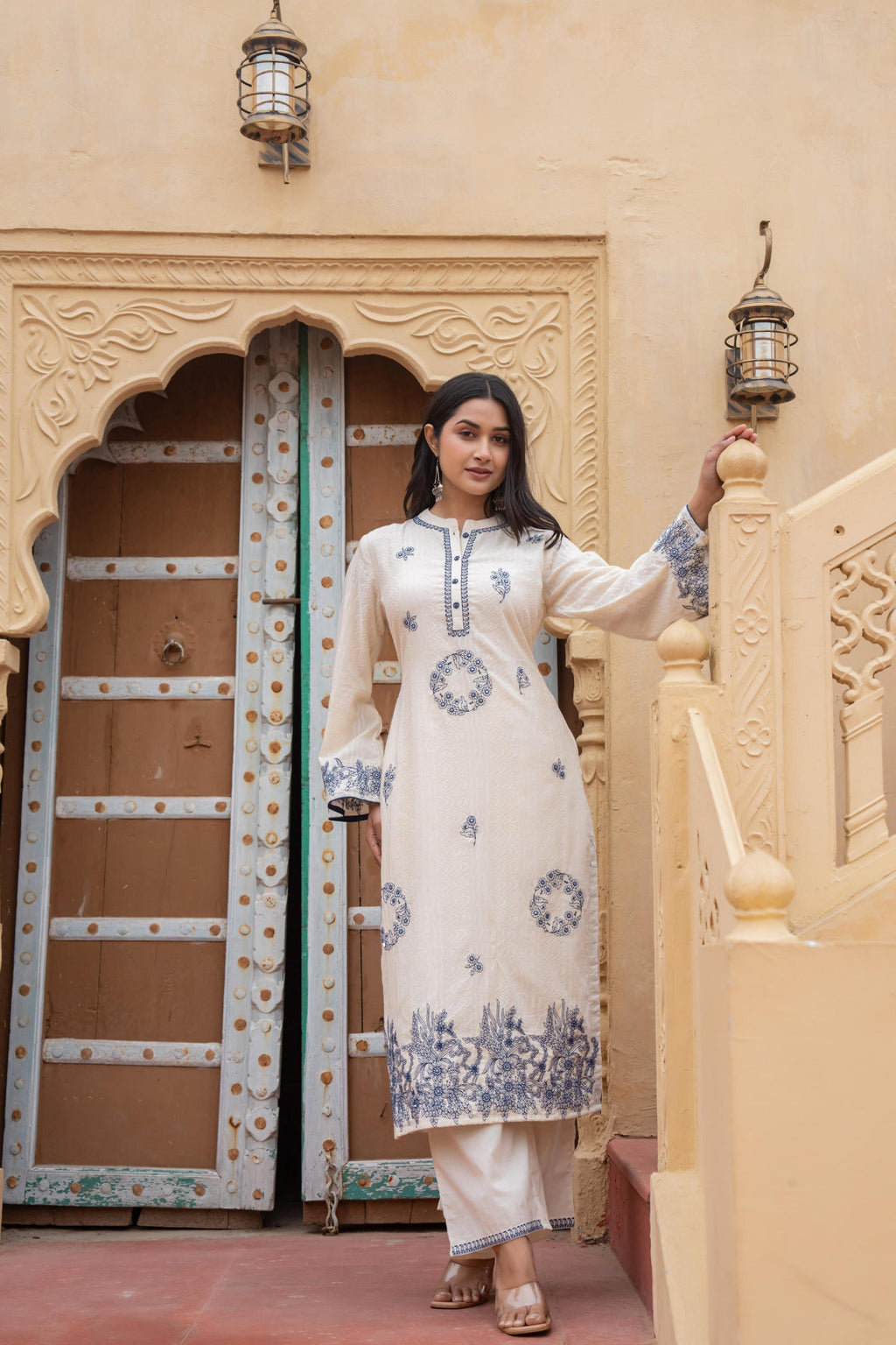 Juniper Off White & Navy Blue Embroidered Straight Kurta Set with Contrast Detailing - Distacart