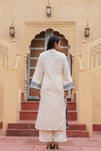 Juniper Off White & Navy Blue Embroidered Straight Kurta Set with Contrast Detailing - Distacart