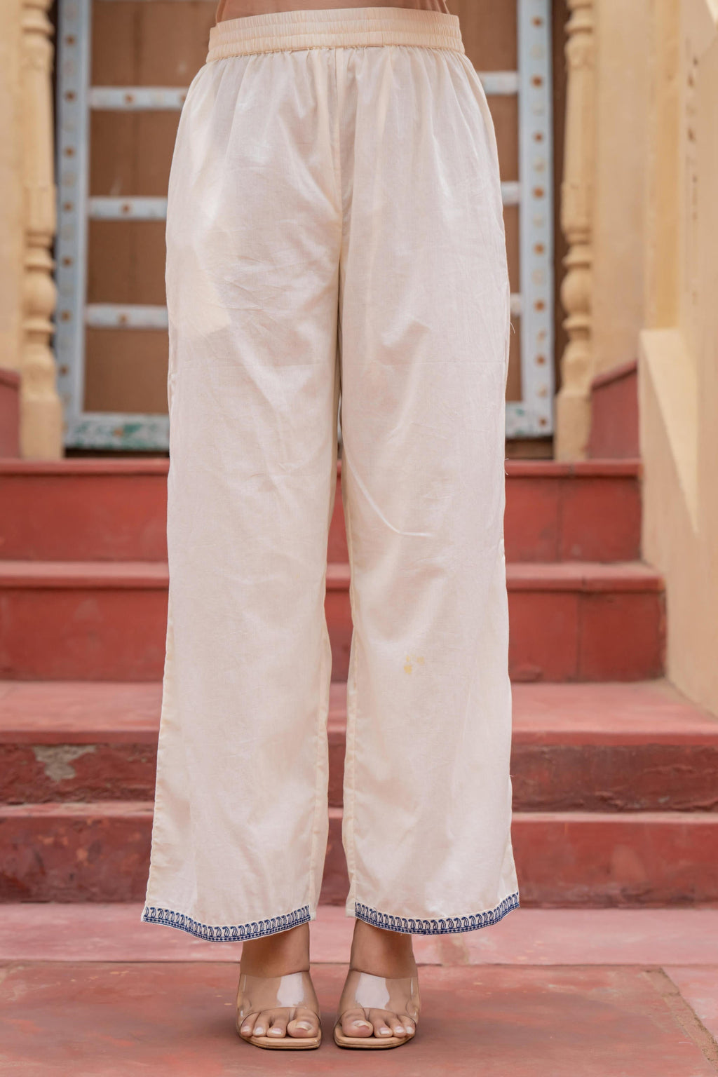 Juniper Off White & Navy Blue Embroidered Straight Kurta Set with Contrast Detailing - Distacart