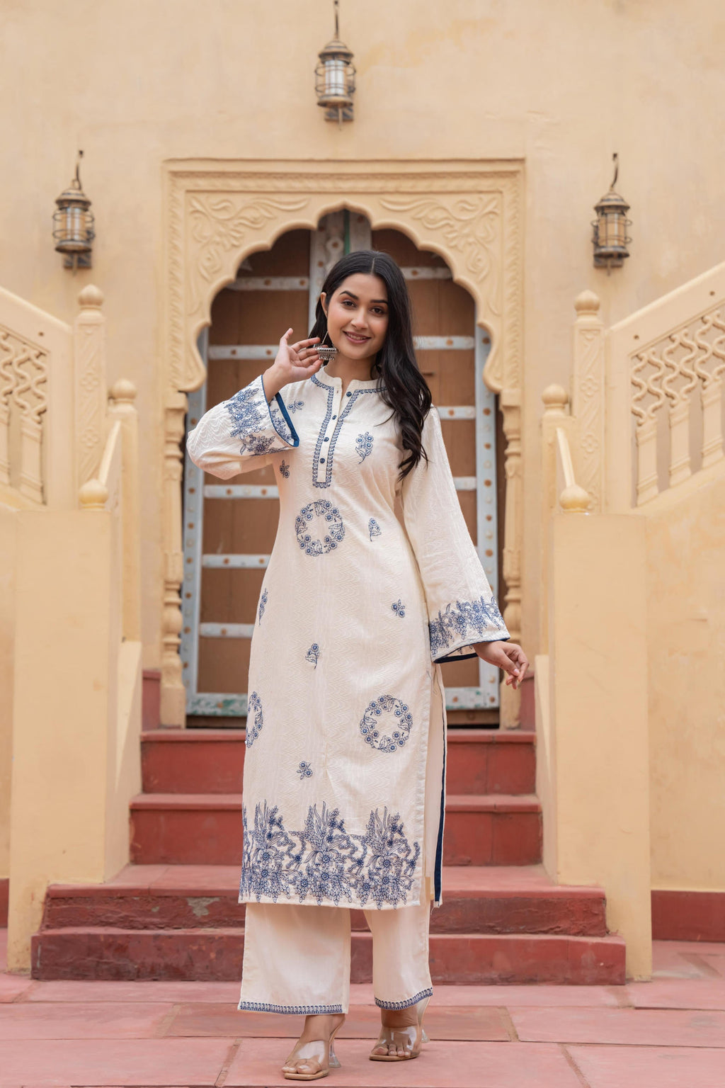 Juniper Off White & Navy Blue Embroidered Straight Kurta Set with Contrast Detailing - Distacart