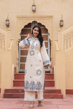 Juniper Off White & Navy Blue Embroidered Straight Kurta Set with Contrast Detailing - Distacart