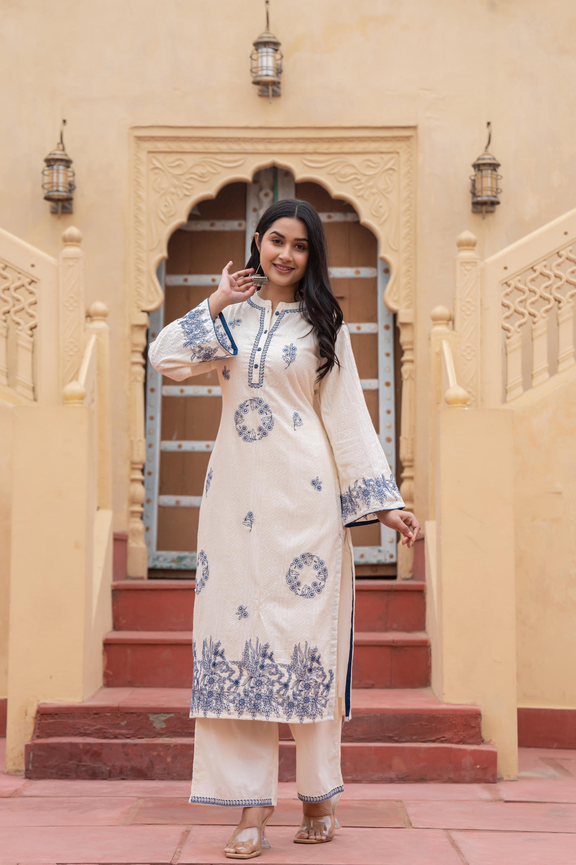 Juniper Off White & Navy Blue Embroidered Straight Kurta Set with Contrast Detailing - Distacart