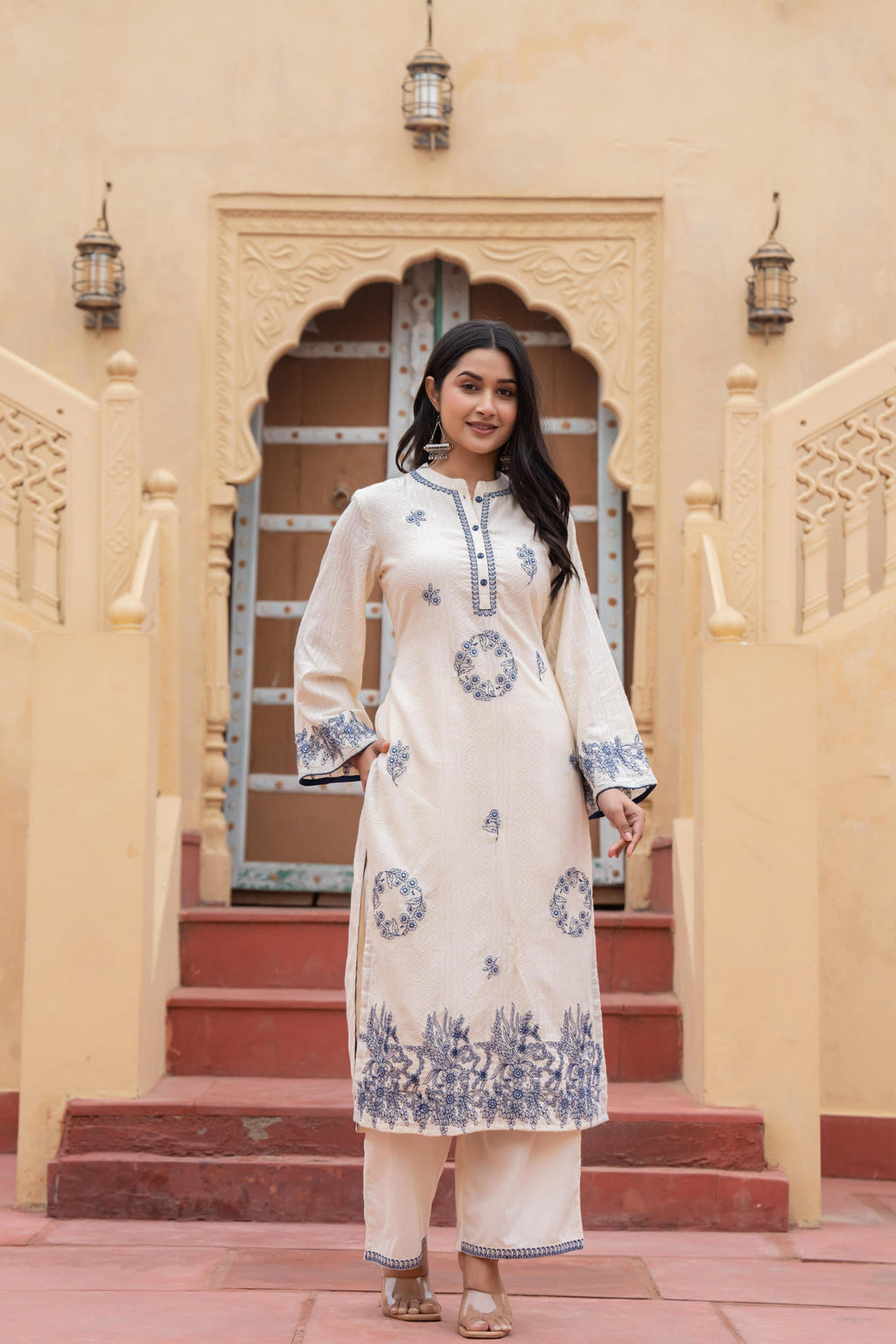 Juniper Off White & Navy Blue Embroidered Straight Kurta Set with Contrast Detailing - Distacart