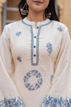Juniper Off White & Navy Blue Embroidered Straight Kurta Set with Contrast Detailing - Distacart