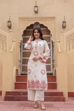 Juniper Off White & Red Embroidered Straight Kurta Set with Contrast Detailing - Distacart