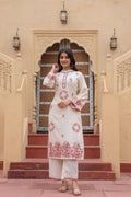 Juniper Off White & Red Embroidered Straight Kurta Set With Contrast Detailing - Distacart