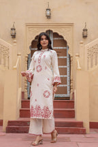Juniper Off White & Red Embroidered Straight Kurta Set with Contrast Detailing - Distacart