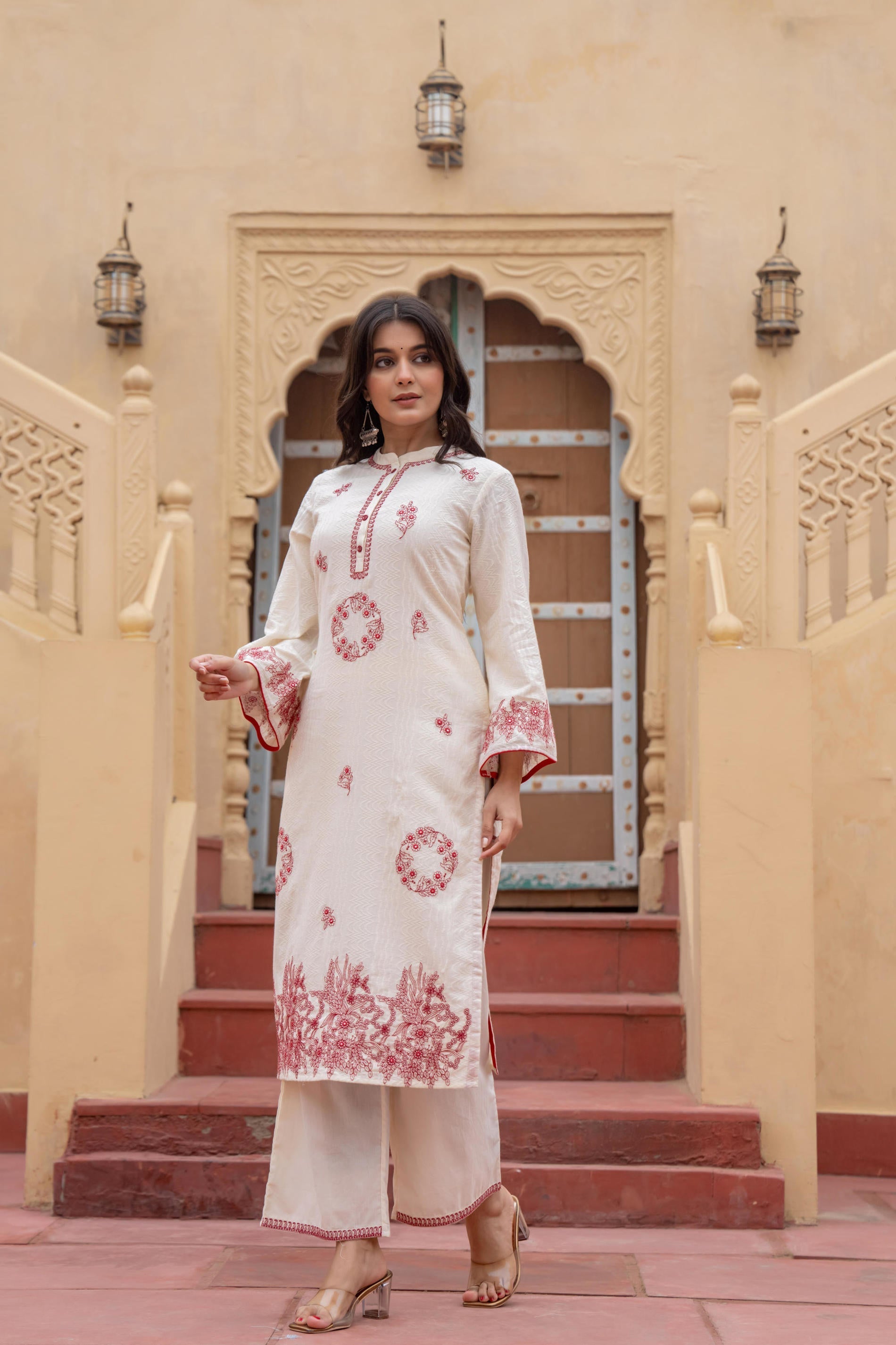 Juniper Off White & Red Embroidered Straight Kurta Set with Contrast Detailing - Distacart