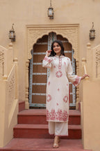 Juniper Off White & Red Embroidered Straight Kurta Set with Contrast Detailing - Distacart