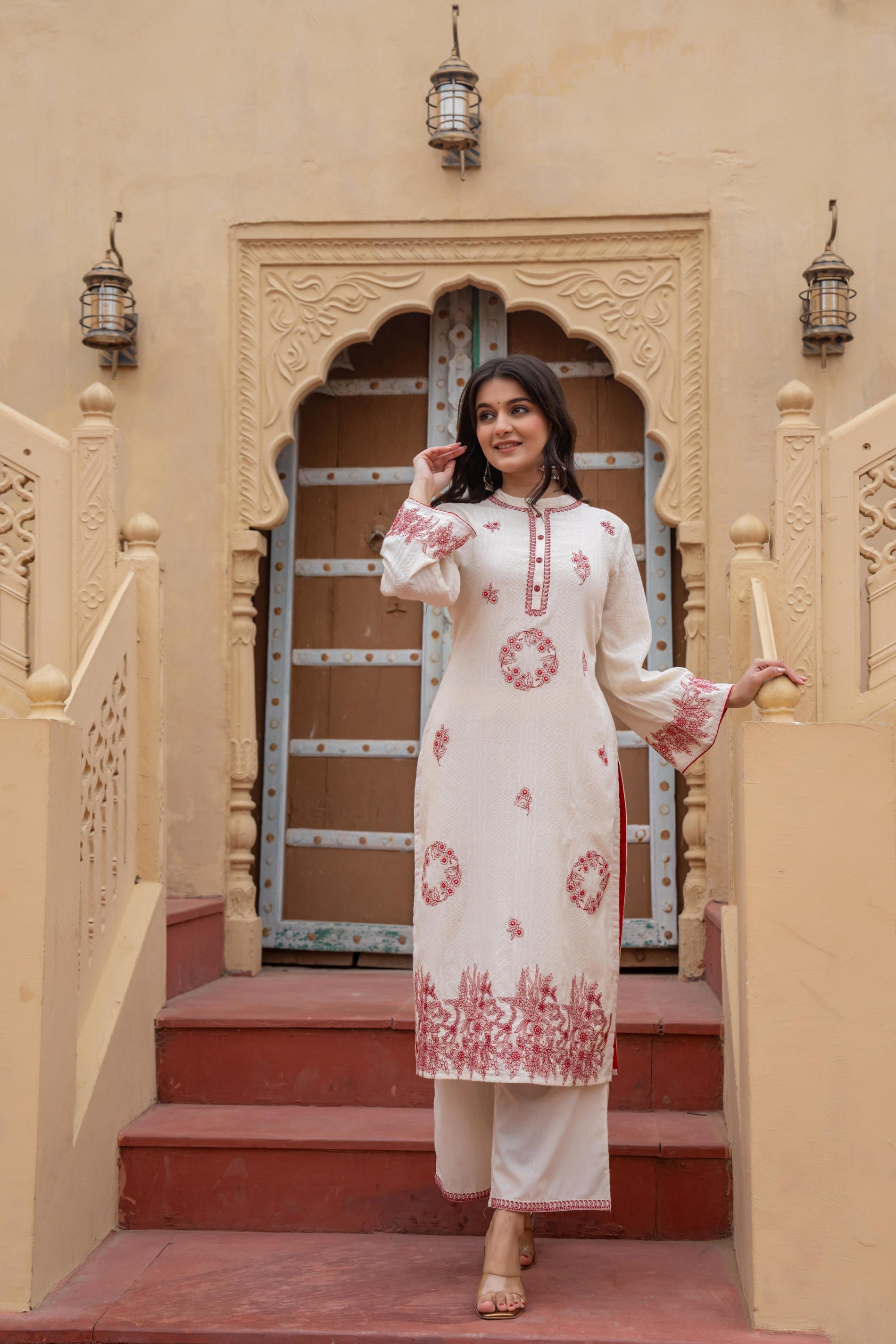 Juniper Off White & Red Embroidered Straight Kurta Set with Contrast Detailing - Distacart