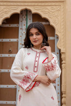 Juniper Off White & Red Embroidered Straight Kurta Set with Contrast Detailing - Distacart