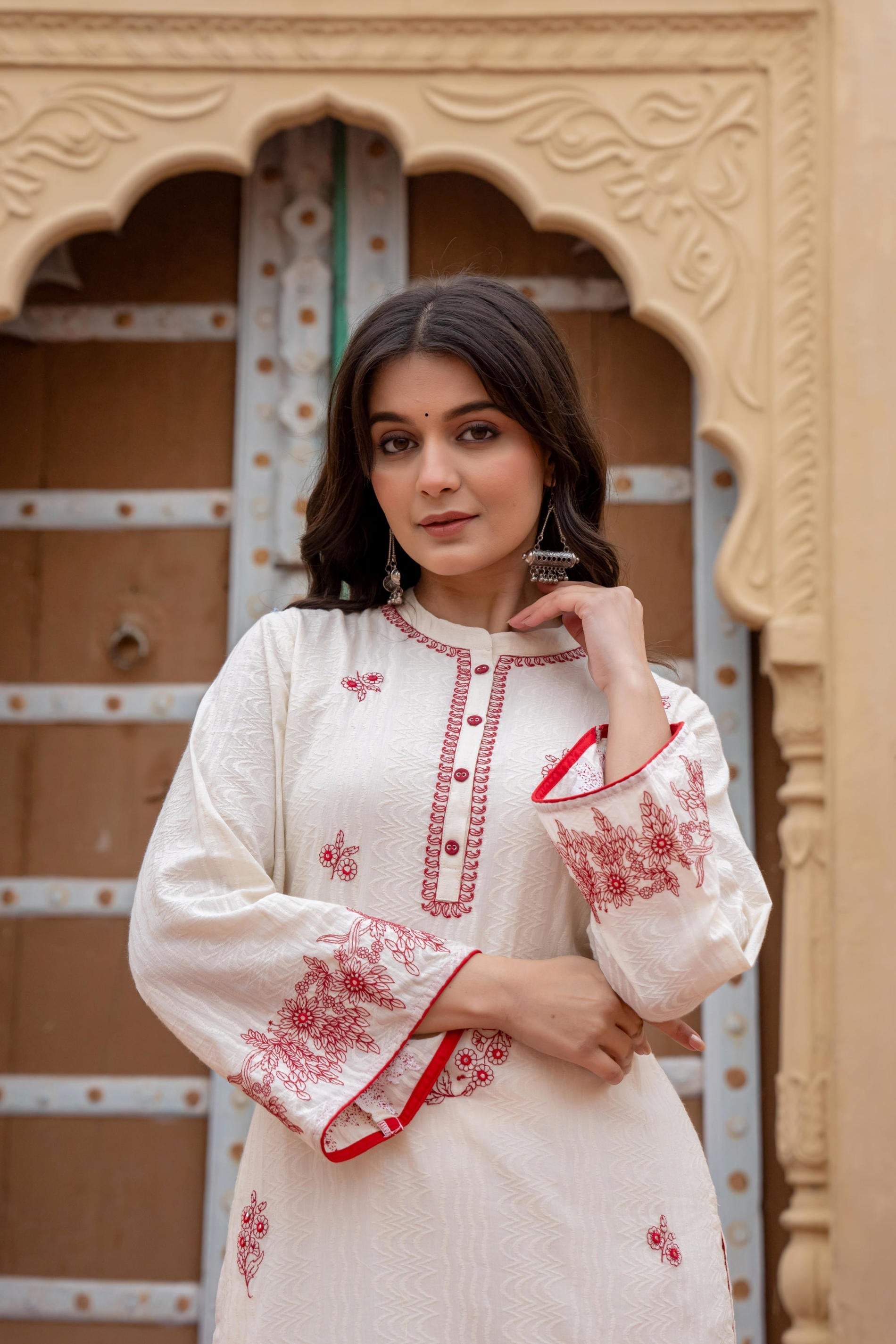 Juniper Off White & Red Embroidered Straight Kurta Set with Contrast Detailing - Distacart