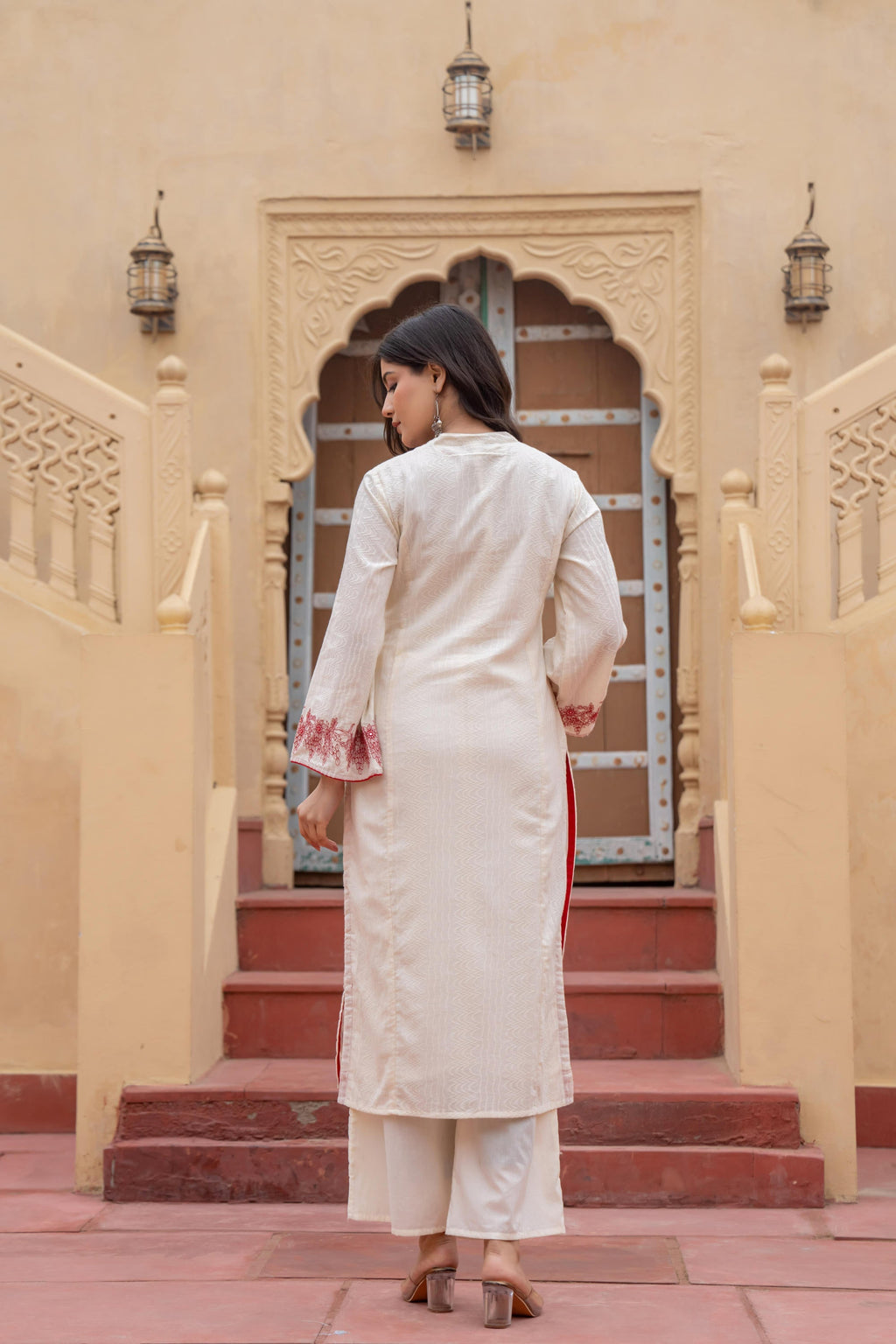 Juniper Off White & Red Embroidered Straight Kurta Set with Contrast Detailing - Distacart