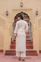 Juniper Off White & Red Embroidered Straight Kurta Set with Contrast Detailing - Distacart