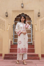 Juniper Off White & Red Embroidered Straight Kurta Set with Contrast Detailing - Distacart