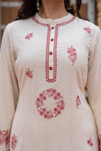 Juniper Off White & Red Embroidered Straight Kurta Set with Contrast Detailing - Distacart