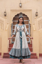 Juniper Off White & Teal Green Embroidered Tiered Ethnic Dress with Inner Layer - Distacart