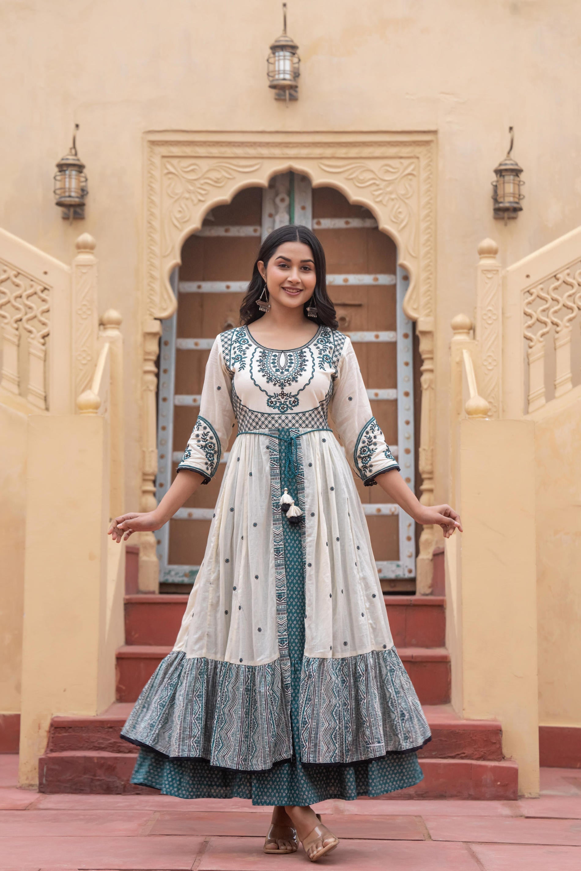 Juniper Off White & Teal Green Embroidered Tiered Ethnic Dress with Inner Layer - Distacart